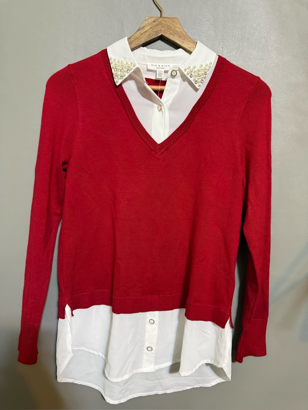 Rio & Rian Red V-Neck Layered Sweater Blouse with Pearl-Embellished Collar